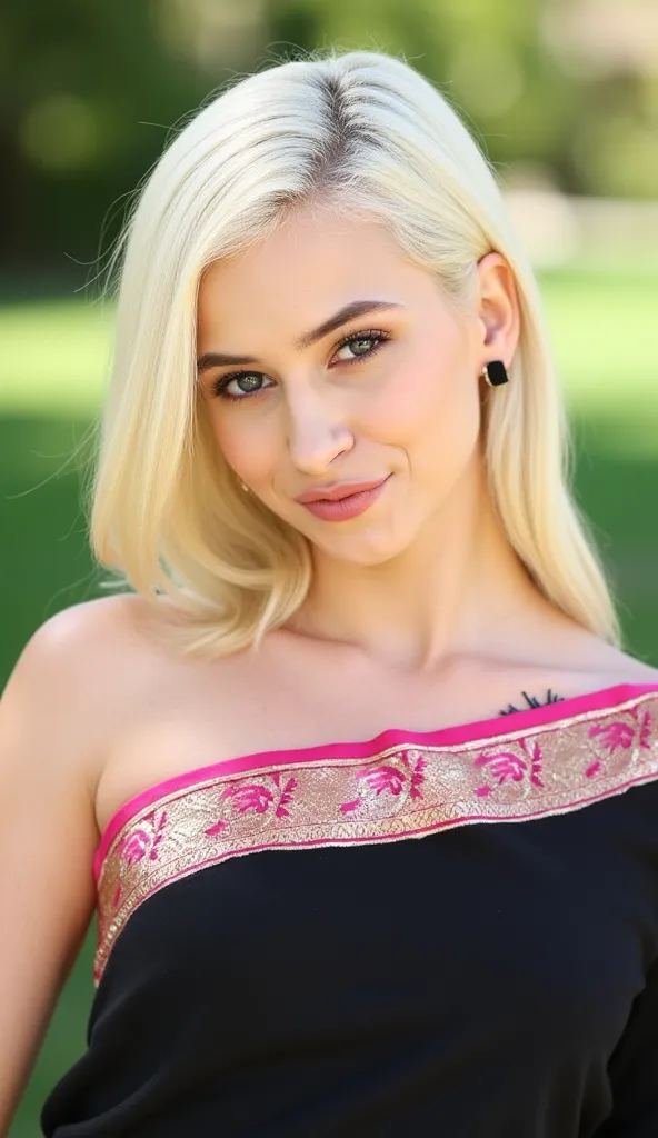 A stunning close-up of a young woman in a black saree with a pink and gold border, set in a lush outdoor environment. Her platinum blonde hair flows smoothly over her shoulders, framing her delicate features. She gazes into the camera with a confident yet ...