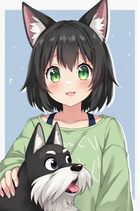 A surgical cap company called Titta Stori, which has as its avatar a chubby girl with green eyes and black hair and as a pet a schnauzer dog. 1girl, Long Hair, Looking at viewer, Smile, Blush, Open Mouth, Short Hair, Wolf Ears, From Below, 