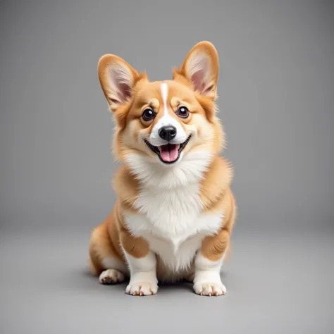 A cute and fluffy Corgi dog sitting happily, big expressive eyes, short legs, and a joyful smile. The fur is soft and well-groomed, with a mix of golden brown and white colors. The ears are perked up, showing curiosity and playfulness. The background is a ...