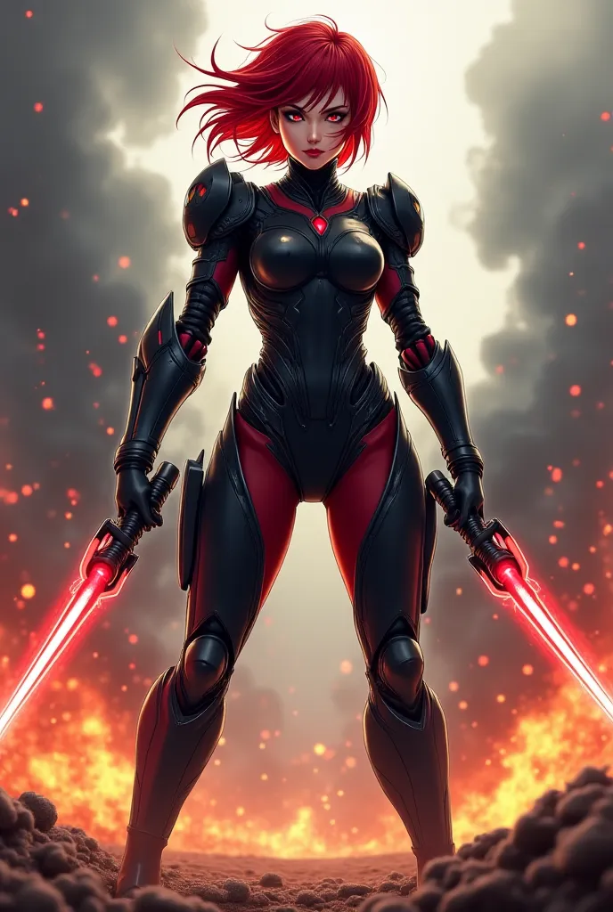 Anime-style illustration, fierce female warrior with short red hair, wearing futuristic black armor with blade-like weapons attached to her calves, in a dynamic battle stance, intense battlefield background with smoke and fire, cinematic lighting, emphasis...