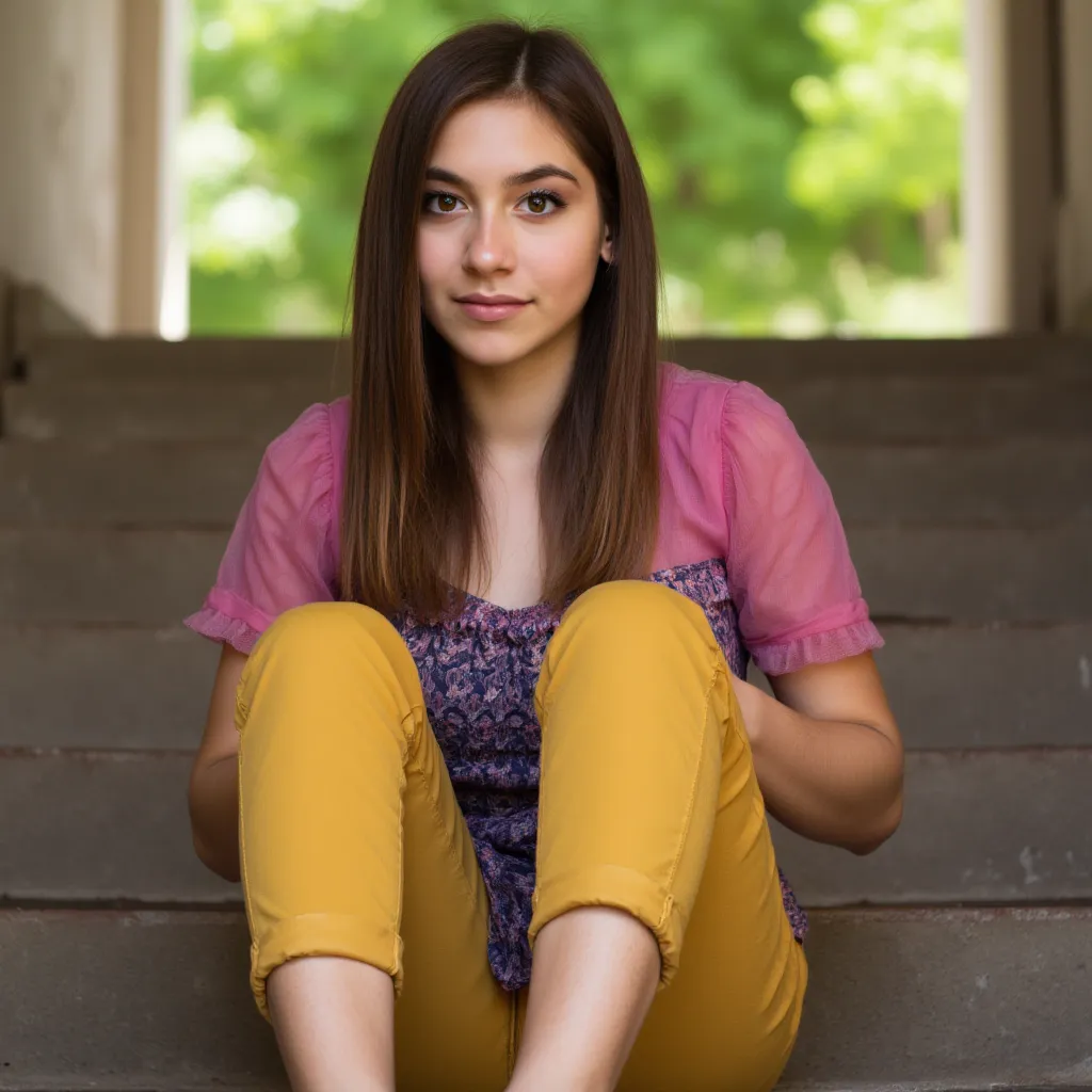 woman sit on a staircase. Has a pink blouse on. A pair of yellow pants. and sneakers.  .    style photorealistic ,  sharp focus, very detailed, sunlight, Detail,  full body