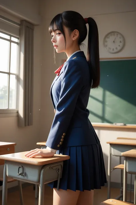 A tall, slender Japanese high school girl with long black hair tied in a ponytail stands inside a classroom. She has fair skin and wears a navy blue blazer, a matching navy blue skirt, and a red ribbon. The setting is a traditional Japanese classroom with ...