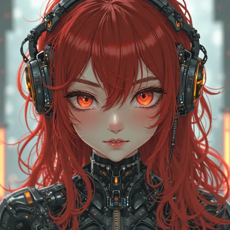 Futuristic, cybernetics enhanced body, a beautiful anime type girl, freckles, long messy red hair, winking