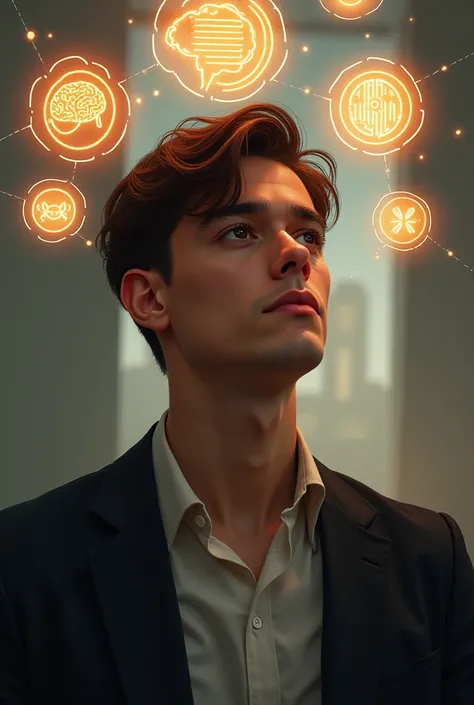 "A stylish digital painting of a young professional (mid 20s - early 30s) deep in thought, with abstract glowing thought bubbles containing psychological symbols like a brain, emotions, and a maze. Warm cinematic lighting, soft focus background, modern col...