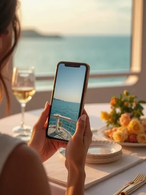 Realistic mockup of an eBook displayed on a cell phone in the hand of a woman seated at the elegant cruise table. The background has a view of the sea with shades of gold and soft blue,  creating a sophisticated and romantic mood . Surrounding it are tropi...