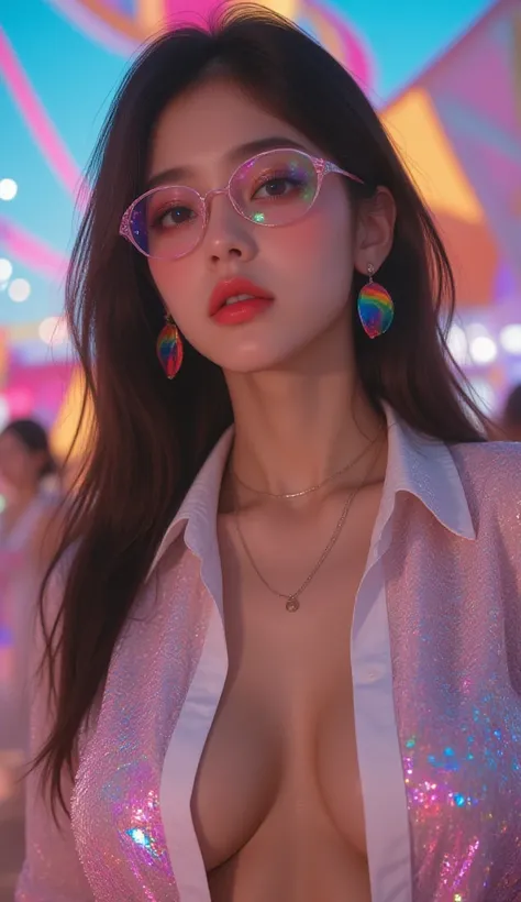 front open shirt， 8,000,  masterpiece,  of the highest quality, futuristic, Holographic Glasses, Rainbow earrings, Sparkling Sequin Outfits, Neon Colors, Vivid Reflections, Carnival Scene with sunglasses, Wavy Hair,  glossy lips , High Fashion Makeup, Colo...