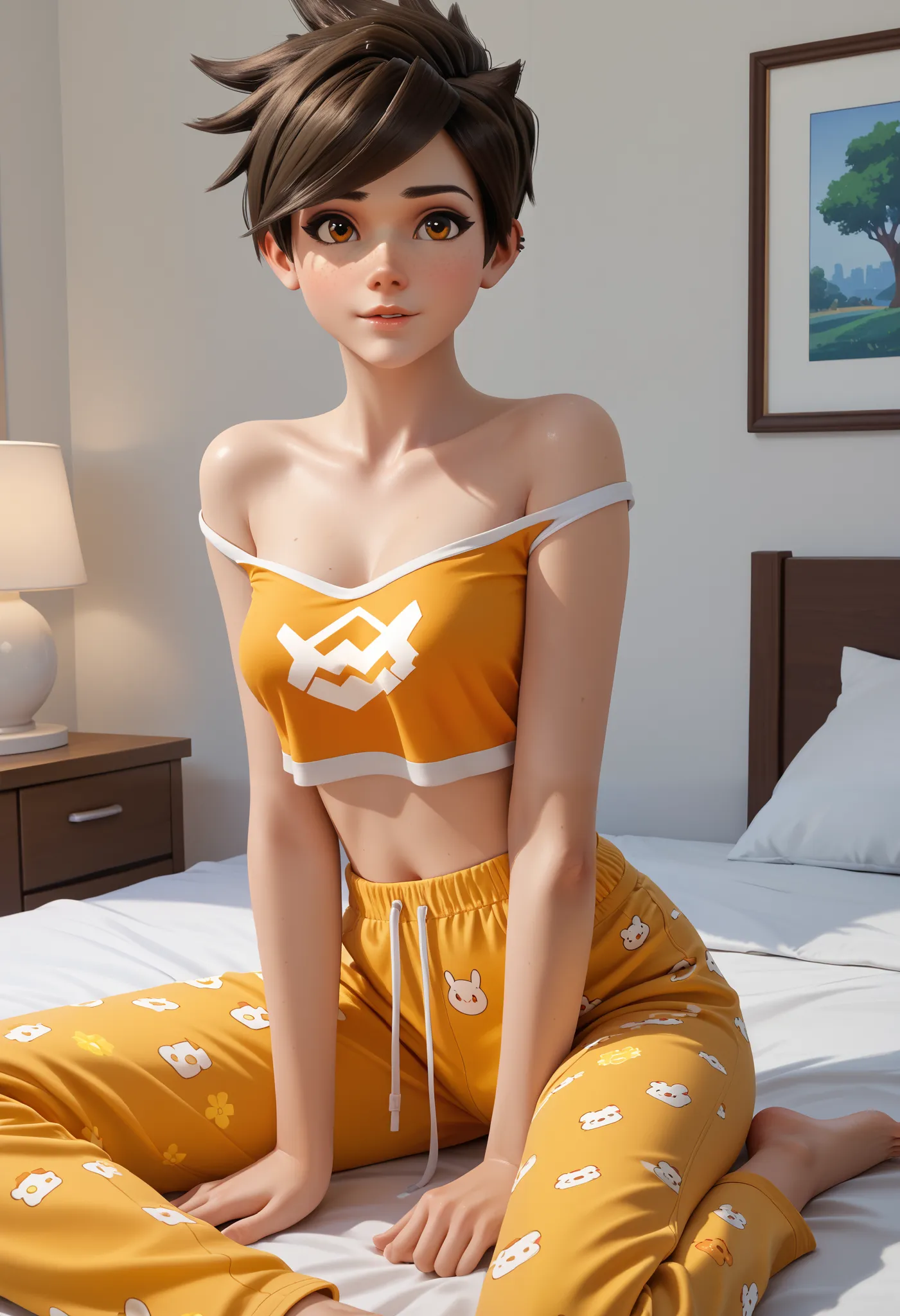 Masterpiece, 8k quality, extremely detailed, Overwatch, Tracer, detailed face, off the shoulders crop top, pajama pants, bedroom