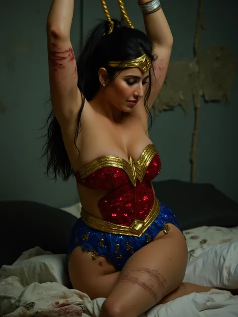 1girl, beautiful girl, wonder woman, skirt, hanging, half body, (close eyes:1.3, weak, powerless, sleep), bruises body, ((lying on the bed)), bondage, slavery, restraint, (basement wall background, dirty, dark, creepy), best quality, masterpiece, arms up, ...