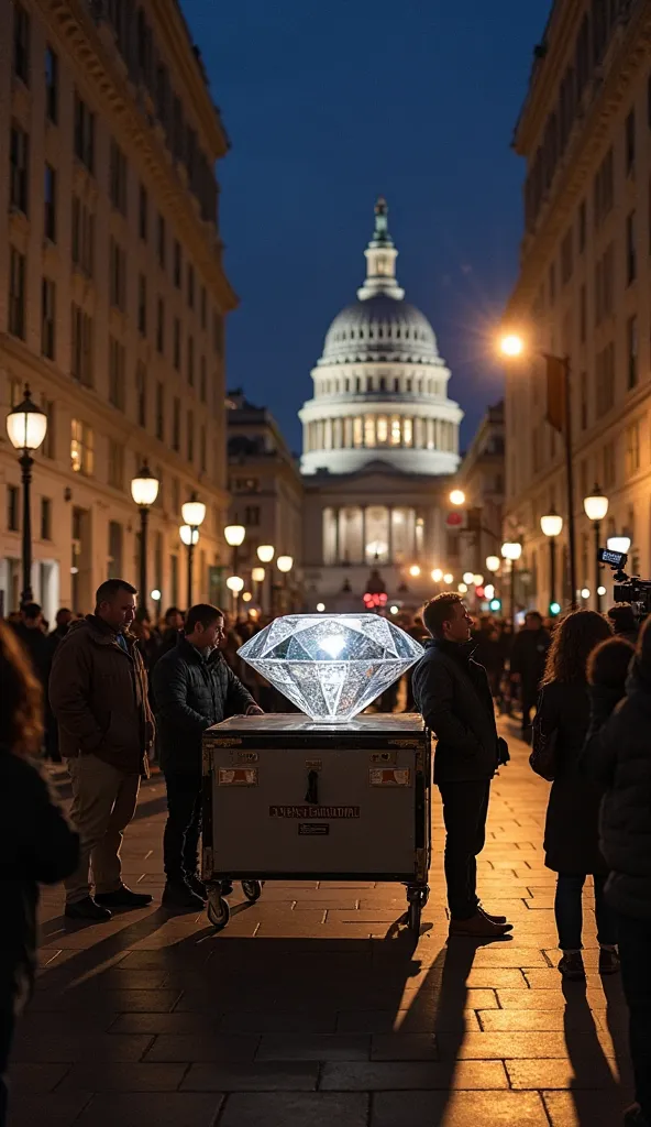 "A shot of the diamond being carefully transported back to the Smithsonian, with museum staff securing it in a vault. The building is illuminated at night, and the streets are lined with reporters waiting to capture the moment of its return."
