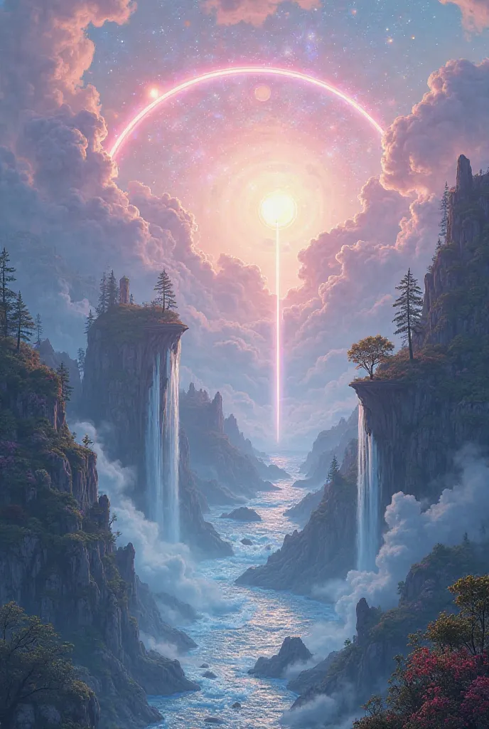 A surreal dreamscape with floating islands, waterfalls cascading into the sky, and a glowing portal leading to another dimension. The scene is ethereal, with soft pastel colors and a sense of infinite possibilities, make it dark