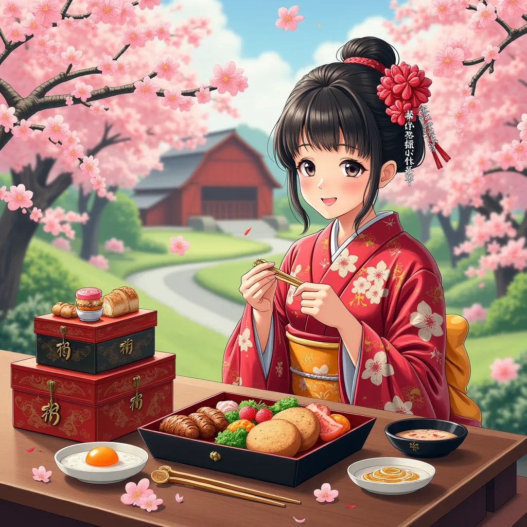 masterpiece、A princess eating a gorgeous bento filled with delicacies from the mountains and the sea、Heavy lacquerware boxes with elaborate maki-e are stacked on top of each other、Draw a scarlet barn under a cherry tree in full bloom、Sit on top of it weari...