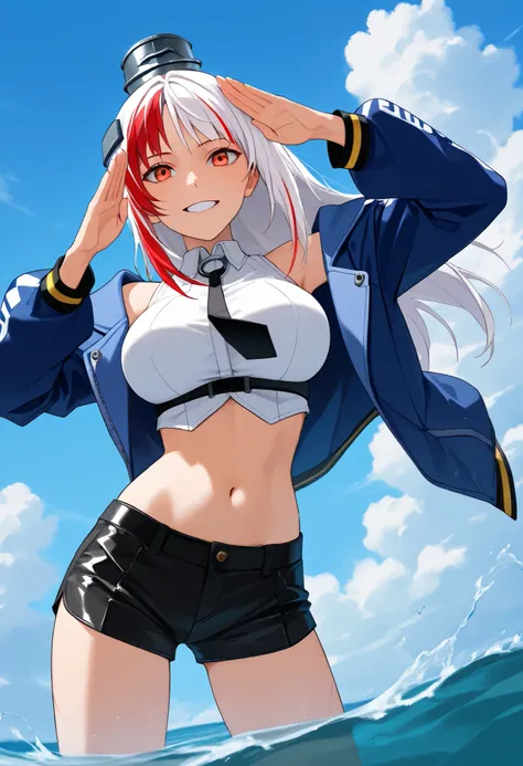  score_9,  score_8_up,  score_7_up,  source_anime, cowboy shooting, Alone, 1 girl, ks massachusetts,  grins, viewers, standing,  playing in the water, salute, streaked hair,  white hair, red hair,  headgear ,  blue jacket , open jacket, white shirt, sleeve...