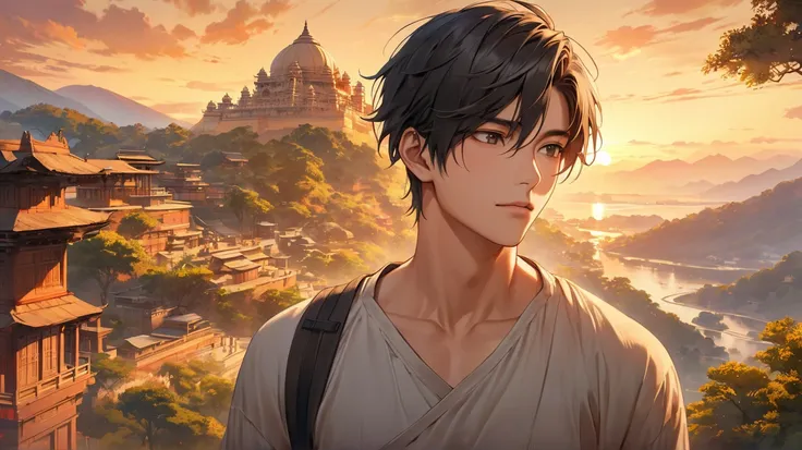 ((photorealism:1.2),   very Handsome japanese man, Japanese only, 22-27 year-old, travel india by now, background is around India famous spot, sunset, half body