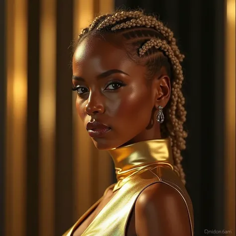 "Ultra-realistic image of a fair-skinned black woman, almost caramel , with braided platinum hair.

📌 She wears a structured gold dress,  high throat, sem decotes, sophisticated and opaque fabric.
📌 The golden light reflects on the skin, creating a radiant...