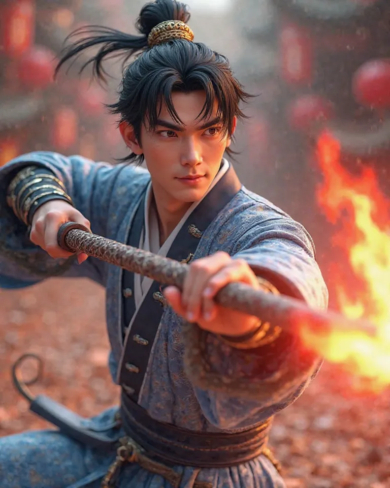 High-resolution 3D model, 3D animation, 25-year-old handsome white male, black hair, wearing ancient Chinese warrior costume with blue patterns, holding a beautifully patterned spear in both hands, the tip of the weapon releases red flames and rushes towar...