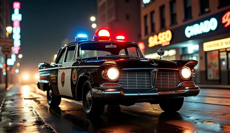 Create a highly detailed image of a 1960 Dodge Dart Phoenix Police Package in action. The car should have a sleek, black-and-white police livery with period-accurate markings, a large red rotating beacon on the roof, and chrome accents that reflect the str...