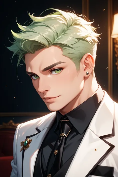 Hair color light green handsome man black shirt white
Suit eye color green