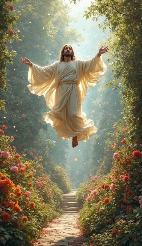 Jesus flying over a colorful garden 