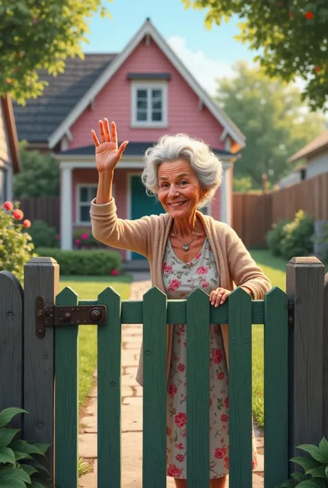 An old lady in front of a simple pink house with a green gate greeting people on the street