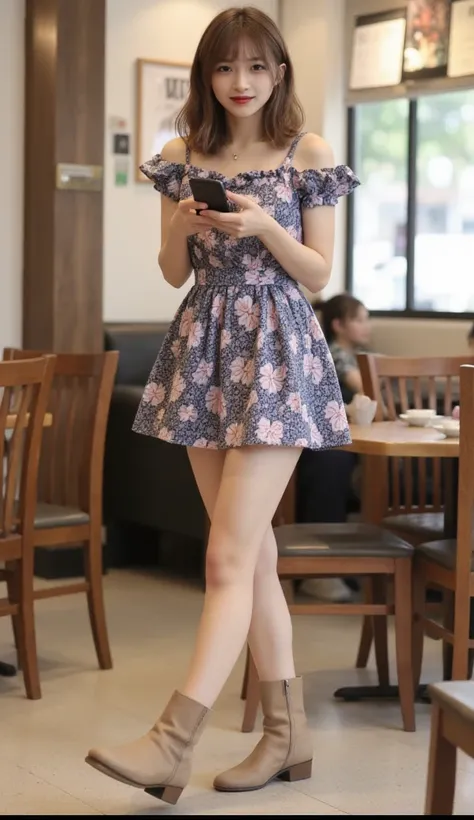 A super realistic depiction of a Japanese person, Smile,25 years old, with medium-length hair and a light brown hair loose wave perm, full-body depiction, wearing short floral pattern feminine dress 、wearing short boots, have a smartphone 、walking in a caf...