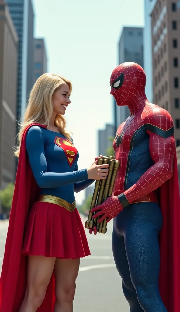 Two superhero characters standing in the middle of a cityscape.

 On the left , a fair-skinned female supergirl character with blonde hair wearing a blue suit with a red 'S' emblem on her chest, red skirt , and a red cape like the famous Supergirl. She smi...