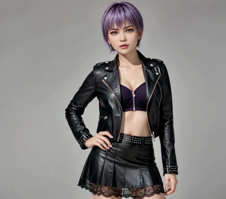 Ayane, purple hair, (best quality, Ultra-detailed), (realistic:1.37), beautiful and detailed face, Ultra-realistic texture, Delicate face, Red lipstick, long-lasting colors. high definition, 8k. angry expression.