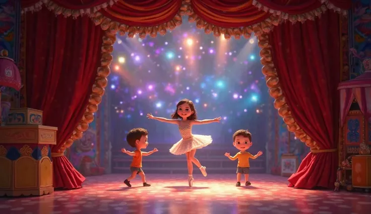 Create a Pixar Cartoon-style image of a circus stage with colorful lights,  Open Red Curtain, a ballerina dancing in the center and a boy and a dancing together