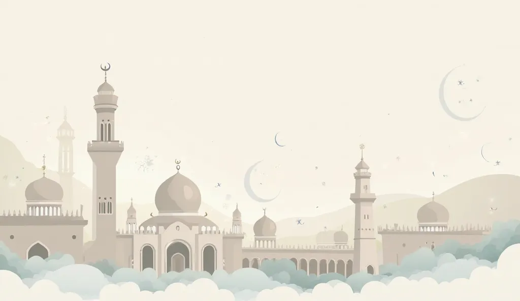 A simple and minimalistic Islamic-themed flat background. The design features a clean color palette with soft neutral tones such as beige, light gray, and soft blue, or a monochromatic theme with subtle contrasts. Elements include basic mosque outlines, cr...