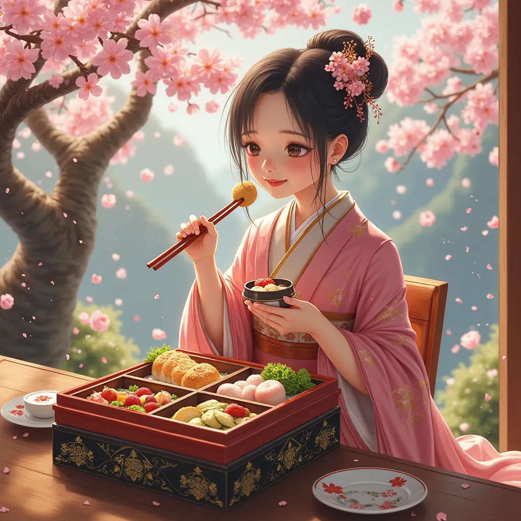 masterpiece、photorealistic、Original photo、 color photo 、A princess eating a gorgeous bento filled with delicacies from the mountains and the sea、Heavy lacquerware boxes with elaborate maki-e are stacked on top of each other、cherry tree in full bloom、Sit on...