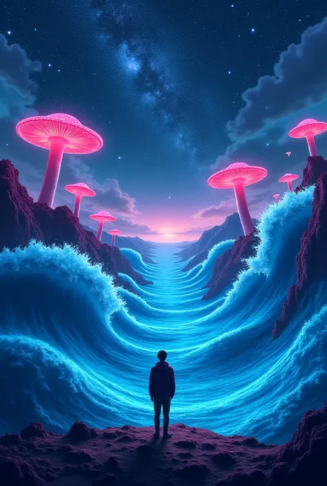 a person standing at the edge of a vast, otherworldly landscape—rolling neon waves, giant bioluminescent mushrooms, and a sky filled with swirling galaxies. The scene evokes wonder and the desire to escape reality. and it should be dark