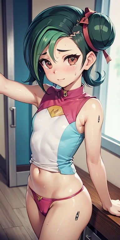   1 female,high definition,dementia,    ultra-realistic    ,8K,hmkotori, short hair,  pelo multicolor, SINGLE HAIR bun ,  hair band ,  sleeveless t-shirt, falda rosa,  Skinny skirt   ,  mini fold,  pleated skirt  ,black thong,European,sexy,foreground of th...