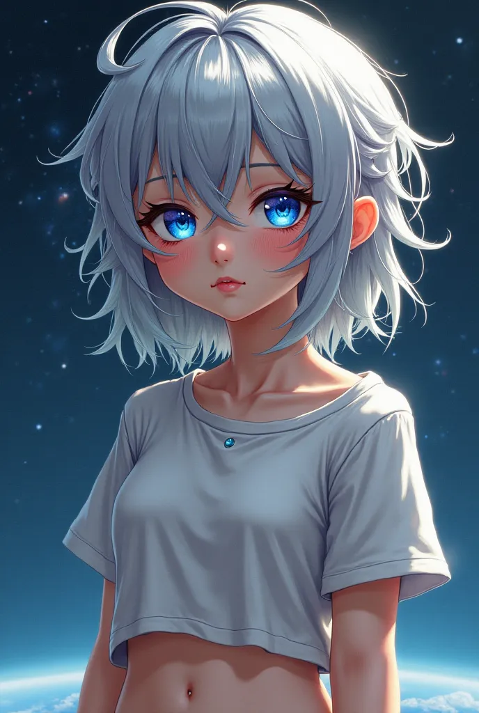 (a better masterpiece:1.5)0.9], (Messy silver hair:1.1) (Heterochromia xanthochromia and blue eyes:1.2) (Space Helmet:1.0) (Colored stars in the eyes:1.0) (A radiant glow:1.1) (thick lips:0.9), Small breasts, narrow waist, petite figure, pierced navel, ver...