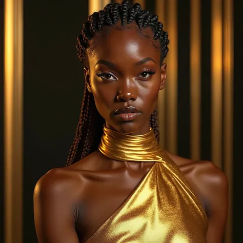 "Ultra-realistic image of a fair-skinned black woman, almost caramel , with braided platinum hair.

📌 She wears a structured gold dress,  high throat, sem decotes, sophisticated and opaque fabric.
📌 The golden light reflects on the skin, creating a radiant...