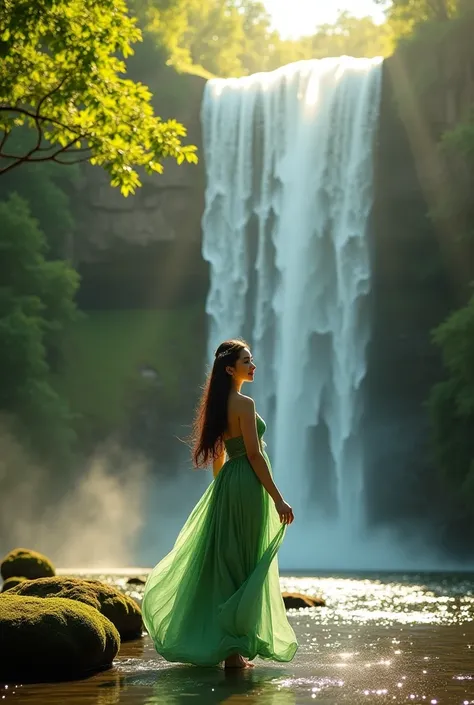 A stunning Burmese woman with long, flowing dark hair, dressed in an elegant traditional green outfit, gracefully floating near a majestic waterfall. She has a warm, gentle smile, and her dress flows beautifully with the wind. The scene is magical and ethe...