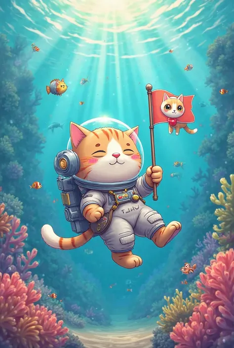 A cute anime cat under the sea, make it cute holding a fishing rod, the cat rubbing her belly and wearing a spacesuit And another cat holding a flag