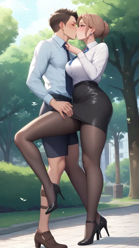  digital color illustration 、Beautiful mature Japanese woman standing in the park looking down、 pale brown hair、 One length hair up to the shoulder 、White open shirt、 black knee-length pencil skirt 、black pantyhose、Jimmy Choo's Abel、 I'm wearing pointed to...