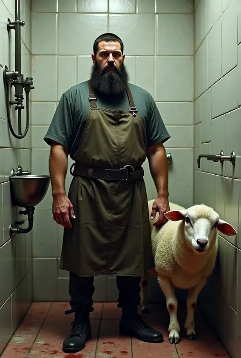 A butcher with a black beard stands next to a sheep in the bathroom 