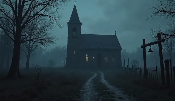 "My camera stops in front of the church, the lens focusing on the dark silhouette against the black sky. Low narration: 'It's quiet now... but for how long?'The bell rings one last time, and the songs echo faintly. The fog covers the floor, and candles shi...