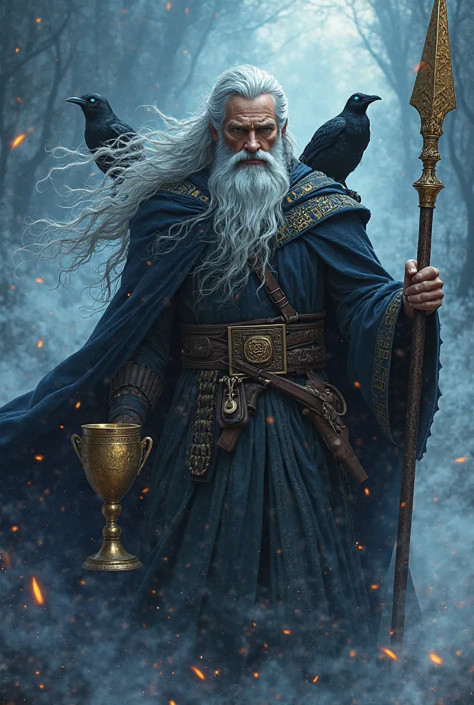 Odin, the father of all, rises on the ethereal plane like an imposing warrior and an unfathomable sage. Your figure is wrapped in a black cloak of wool, embroidered with runes ancestors that shine like living embers.  Your single eye , from a deep blue lik...