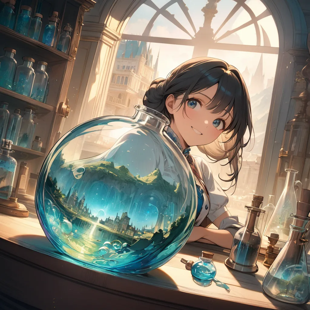 very awa, masterpiece, best quality, newest, highres, absurdres.
alphonse mucha style, fantastic painting.
europe in the 19th century, on the desk in the chemistry lab, close-up of a transparent flask bottle, In this world of fantasy in a bottle, There's a...