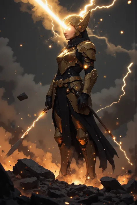 A Hero Landing、 Hero Landing、 samurai、 Suetsu、A cybernetic female cosmic  samurai、[Hero's Landing]: A mighty hero descends from the stormy sky, landing with a thunderous impact. [Golden light radiates from their metal armor], [lightning arcs through storm ...