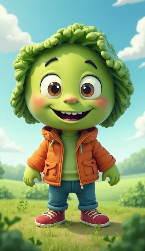 
cartoon of "A cabbage character that faces forward, with his round, leafy head forming his face. big, friendly eyes and a wide smile make the character attractive. He wears a colorful jacket and pants, standing proudly in a green field under a bright sky....