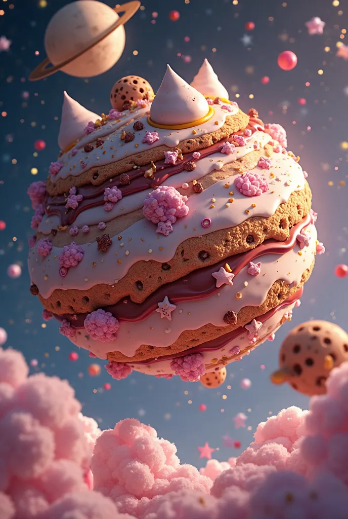 "A perfectly spherical planet floating in space, made entirely of candies and desserts. Su surface combines layers of crunchy caramel with melted chocolate flowing through crevices like sweet rivers. In some areas, mountains of cotton candy rise, while cra...