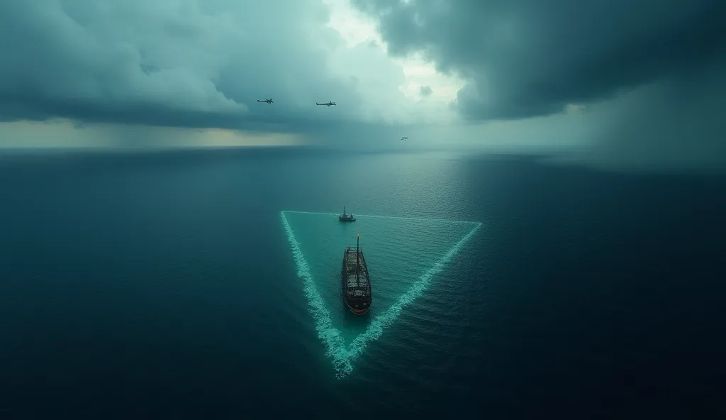 Aerial view of the Bermuda Triangle, showing stormy skies over a dark blue ocean. A faint outline of a ghostly shipwreck is visible beneath the water, and in the distance, an old aircraft disappears into the clouds.