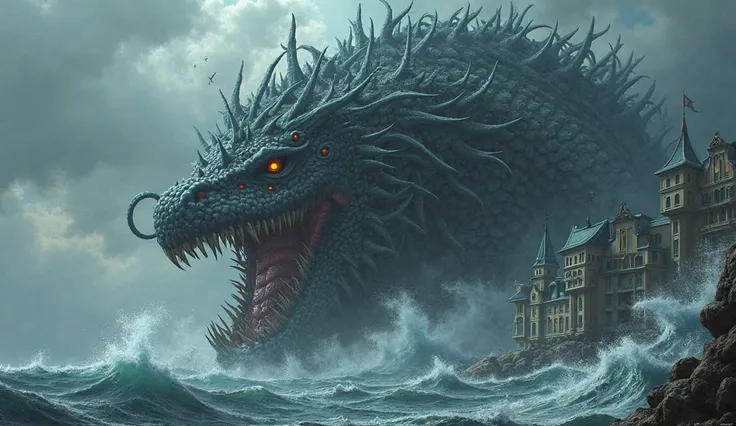 A sea monster devouring a building