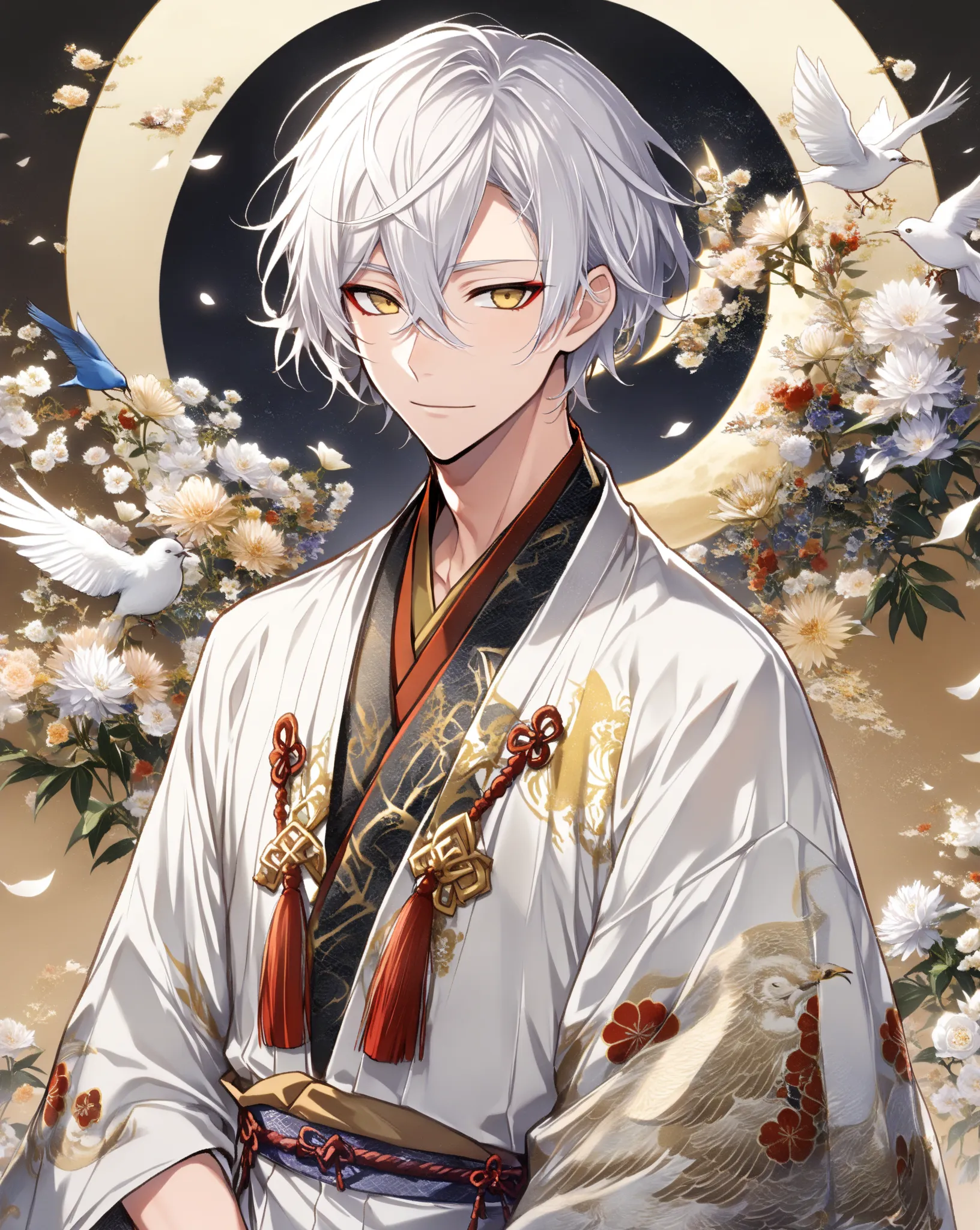 1 boy, tsurumaru kuninaga(Touken Ranbu),ikemen,(((white short hair))),Pointy hair, The front hair is gathered in the center ,golden eyes,white clothes,fur ,(((upper body))),(((Background design))),((( Flowers))), birds,(((moon))),petals,clowd, Classical Ja...