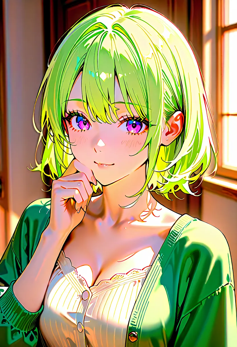 One woman has long, beautiful, light green hair, purple eyes, and is wearing a light green casual outfit.