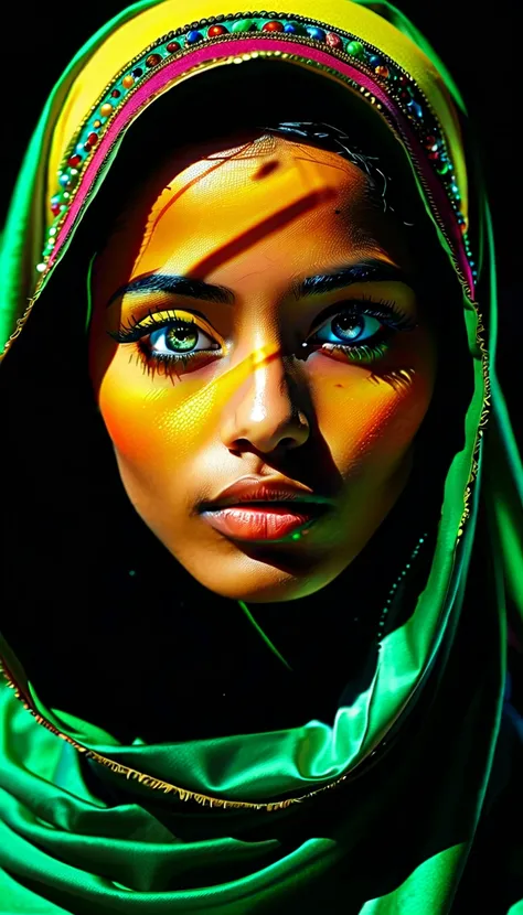 Persian color palette ,somali girl, Persian, Ethiopian, ethiopia,nun, WEARING DARK, (8k, RAW photo, highest quality), hyperrealistic, intricate abstract,  abstract style, otherworldly, mesmerizing parallel dimension, gravity defies logic, abstract masterpi...