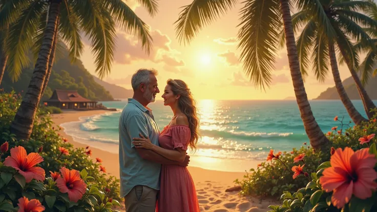 an image of a mature couple , her being courted by her mature Brazilian husband declaring a poem, A beautiful and nostalgic place based on a Brazilian paradisiacal place.