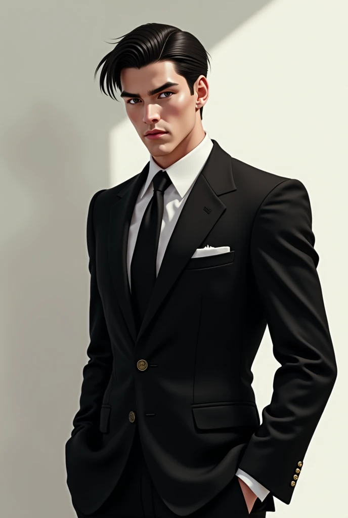 I asked for a male character to wear a black suit. Black hair and short hair, Curtain hairstyle, handsome face